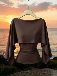 GlowEve CURVE Plus Solid Batwing Sleeve Slim Waist Top Fall - Brown - View 1