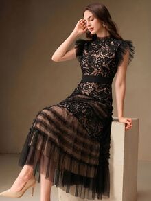 Anewsta Guipure Lace Mesh Panel Ruffle Trim Dress - Black - View 4