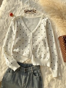 Comfortcana Plus Size Autumn Casual Polka Dot Print Cardigan - Black and White - View 7