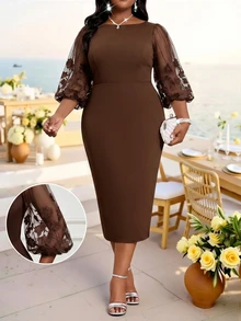 SHEIN Lady Plus Size Elegant Party Floral Embroidered Mesh Patchwork Dress - Brown - View 1