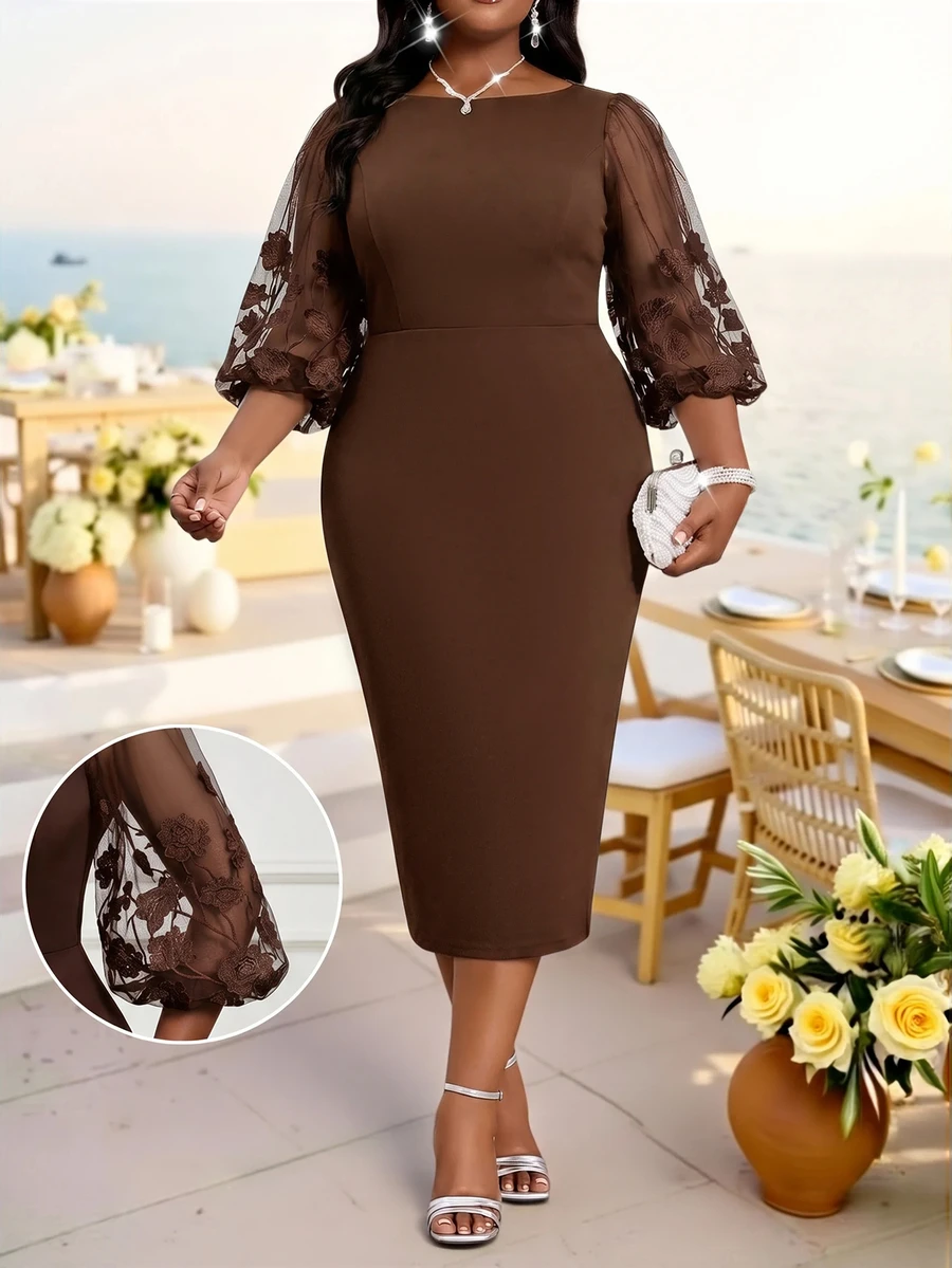 SHEIN Lady Plus Size Elegant Party Floral Embroidered Mesh Patchwork Dress - Brown - View 1