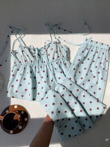 Comfortcana 女款春夏休閒黑色波點印花細肩帶背心與長褲兩件套，夏季可愛波點兩件套，情人節波點兩件套 - 綠色 - 查看 8
