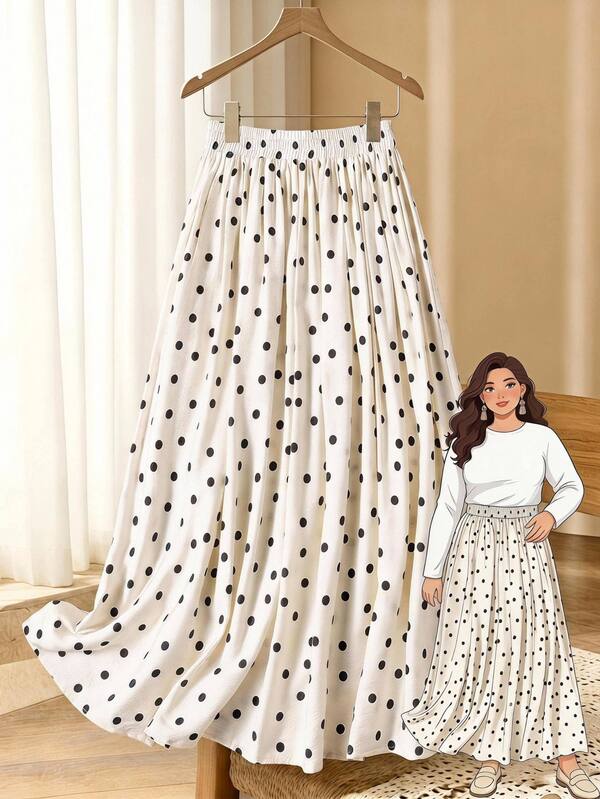 Rusticease Plus Size Casual Polka Dot Print Skirt For Spring And Autumn