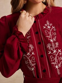 Écloséra Curve Plus Size Women's Elegant Boho Embroidered Round Collar French Style Shirt Dress, Slimming 3D Ruffle Cuffs Bow Waist Dark Purple Autumn - Burgundy - View 5