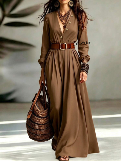 Trelyra Button Front Lantern Sleeve Belted Dress