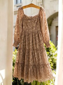 Celisse 1 buah Gaun Jacquard Leher Bentuk Hati Lengan Bergelombang dengan Hem Berkerut - MultiWarna - View 4