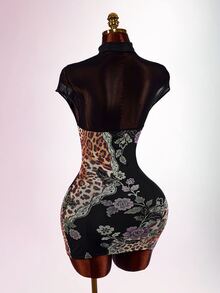 Floral & Leopard Print Bodycon Dress With Super Crop Top - Black - View 9