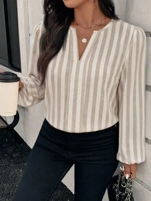 EMERY ROSE Plus Striped Print Notched Neckline Lantern Sleeve Blouse - Multicolor - View 4