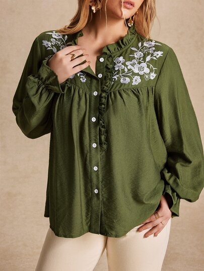 Écloséra Curve Plus Floral Embroidery Frill Trim Flounce Sleeve Blouse