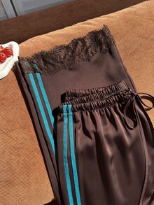 Comfortcana Plus Striped Contrast Lace Drawstring Waist Pants Fall - Brown - View 4