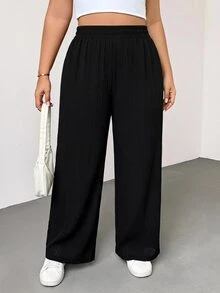 SHEIN Essnce Plus Solid Wide Leg Pants Fall - Black - View 2