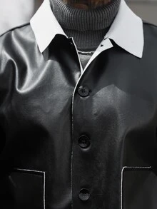 Manfinity CasualCool Jaket Kulit PU Pria dengan Kerah Kontras - Hitam - View 6
