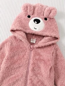 SHEIN Baby Girl Cartoon Pattern 3D Ear Design Long Sleeve Plush Hooded Winter Romper - Pink - View 5