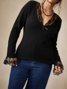 Nubod Atasan Rajut Pullover Elegan Ukuran Plus dengan Kerah V Berenda untuk Acara Komuter, Makan Malam, Pernikahan, dan Tamu, Warna Hitam untuk Musim Gugur dan Musim Dingin - Hitam - View 5