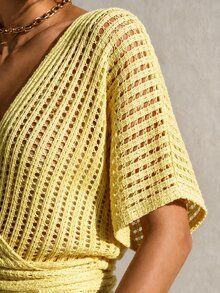 Balvessa Batwing Sleeve Wrap Knot Side Lightweight Cardigan Vacation Pale Yellow Summer Tropical European - Yellow - View 4