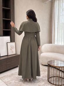 Modelyn Solid Button Front Flare Hem Dress With Cape - Brown - View 2