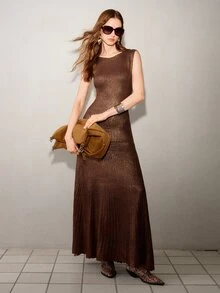 MOTF PREMIUM فستان كنزة محبوك مضلع بلون موحد - بني - مشاهدة 7