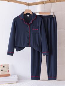 Tween Boy Contrast Piping PJ Set - Navy Blue - View 3