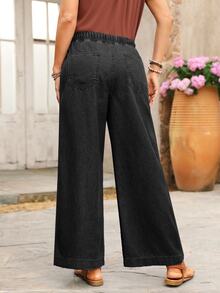 SHEIN PETITE Jeans de pierna ancha con cintura de cordón - Negro - Ver 2