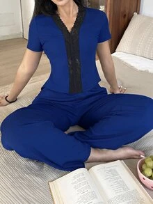 SweetSlumber Contrast Lace Top & Pants PJ Set - Blue - View 5