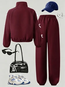 SHEIN 青少年女孩外套套裝 - 酒紅色 - 查看 2