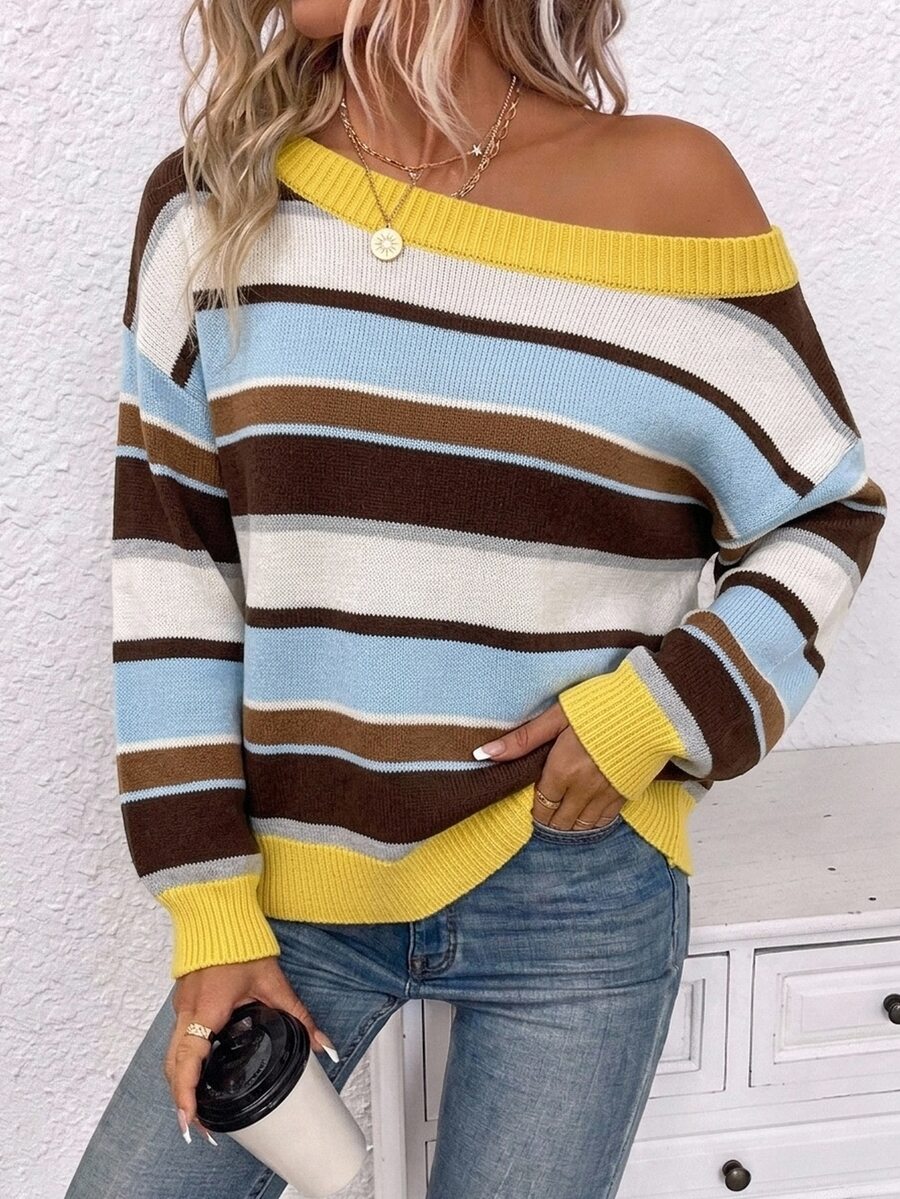 SHEIN LUNE Suéter con hombros caídos y estampado de rayas - Multicolor - Ver 1