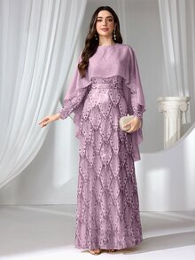 Coutiva 女款亮片披肩式正式晚禮服洋裝（重工裝飾） - 西瓜粉 - 查看 6