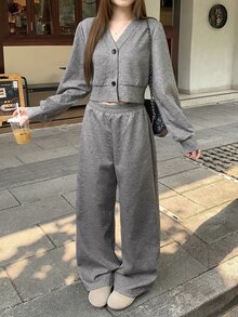 DAZY Women's Casual Cardigan Crop Top And Wide Leg Pants 2 Pieces Set Cute Tops - Grey - View 1