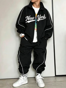 SHEIN 2pcs/Set Tween Boys Casual Streetwear Slogan Print Patchwork Long Sleeve Zip-Up Cardigan Jacket And Pants Set, Suitable For Spring/Autumn Daily Casual Wear, Suitable For Autumn/Winter Children's Outfit, Comfortable Fabric, Fashionable Fit, Spring/Summer New Style, Suitable For Multiple Seasons And Occasions - Black - View 1
