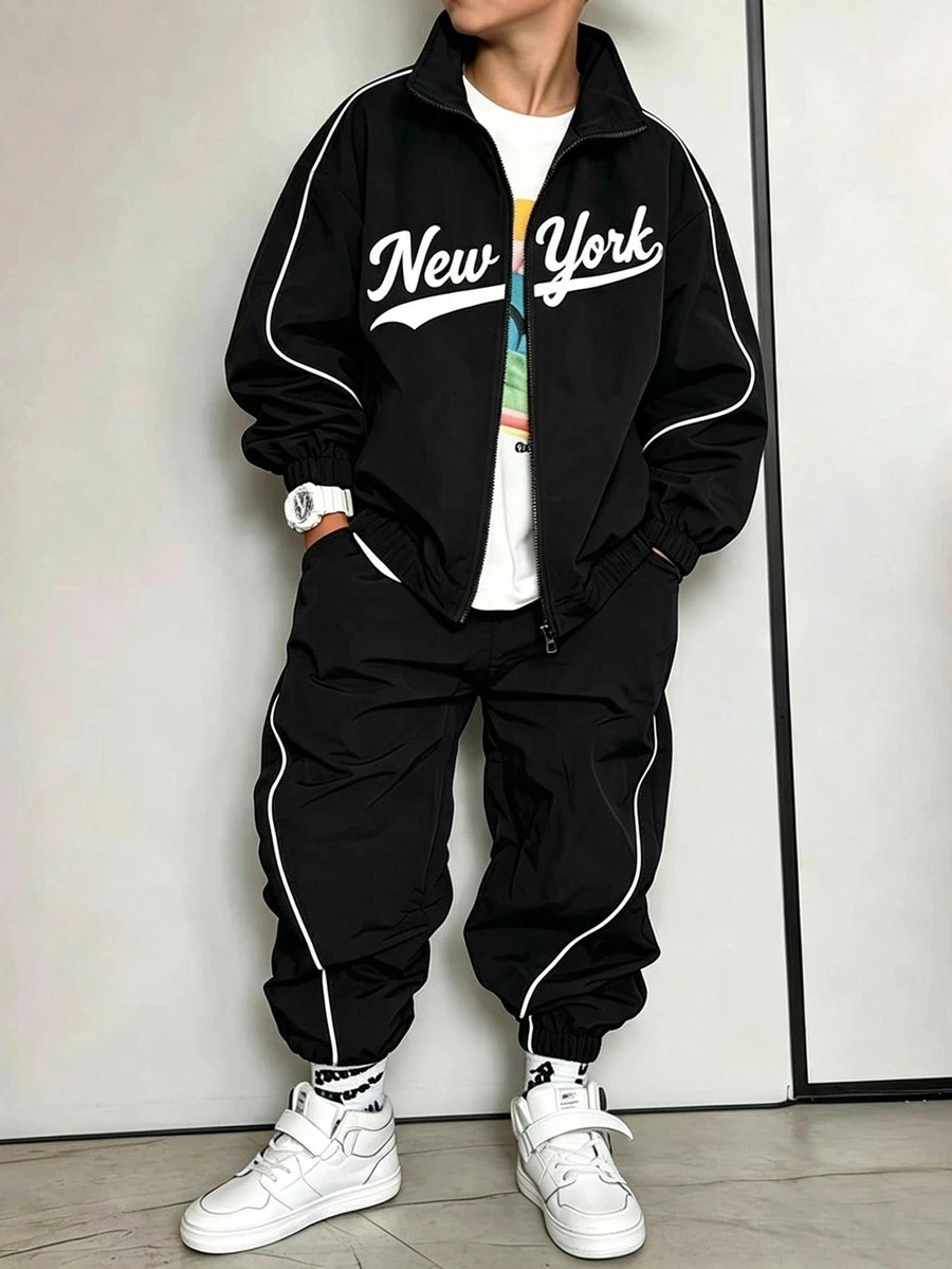 SHEIN 2pcs/Set Tween Boys Casual Streetwear Slogan Print Patchwork Long Sleeve Zip-Up Cardigan Jacket And Pants Set, Suitable For Spring/Autumn Daily Casual Wear, Suitable For Autumn/Winter Children's Outfit, Comfortable Fabric, Fashionable Fit, Spring/Summer New Style, Suitable For Multiple Seasons And Occasions - Black - View 1
