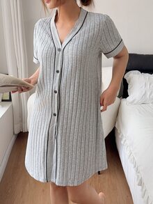 Napfluff Contrast Piping Button Front Sleep Dress - Grey - View 1