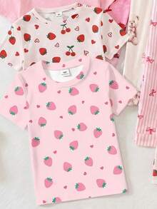 Tween Girl Random 1set Short Sleeve Sleep Top & 1pc Sleep Pants Pajamas Set - Multicolor - View 6
