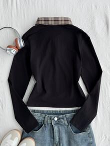 Teen Girl Plaid Print Contrast Collar 2 In 1 Tee - Black - View 2