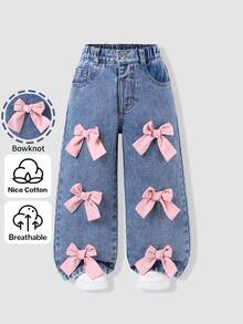 SHEIN ChillGRL 女童蝴蝶結前綴寬腿牛仔褲 - 中等水洗藍 - 查看 4