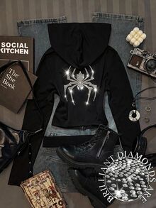 Attitoon Sudadera corta con cremallera, cordón y strass con diseño de araña - Negro - Ver 1