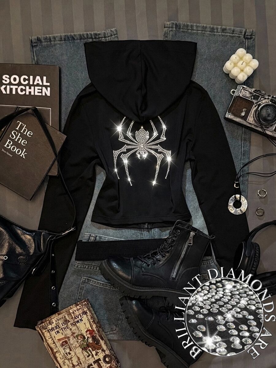 Attitoon Sudadera corta con cremallera, cordón y strass con diseño de araña - Negro - Ver 1