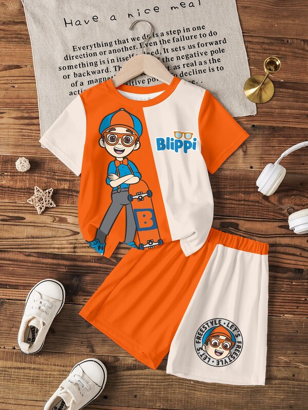 Blippi X SHEIN Young Boy Letter & Figure Graphic Two Tone Tee & Shorts