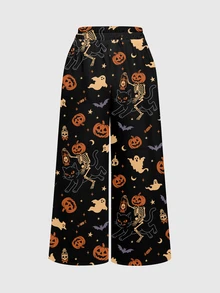 ROMWE Goth Halloween Print Wide Leg Pants - Black - View 2