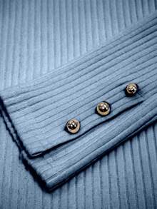 Franclia Solid Button Detail Asymmetrical Neck Tee - Blue - View 3