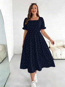 SHEIN Essnce Plus Polka Dot Print Puff Sleeve Dress - Navy Blue - View 4