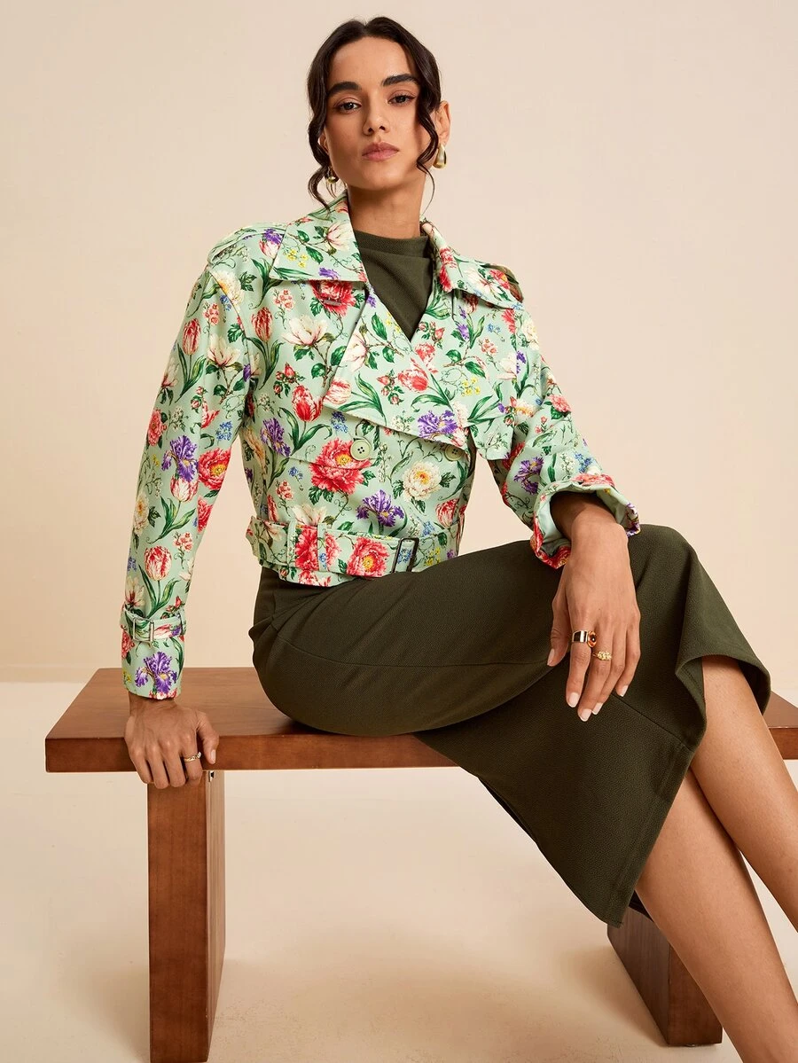 LOTSLUV Women's Mint Green Cropped Drop Shoulder Jacket, Allover Floral Print, Lapel Collar, Zip Front, Western 70's Elegant Autumn Daytime Night Out Party - Multicolor - View 1