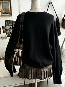 Lalippa Solid Drop Shoulder Oversize Sweater - Black - View 2