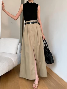 Struktiv Solid Fold Pleated Split Thigh Front Skirt With Belt Brunch Work Khaki Autumn Elegant - Khaki - View 3