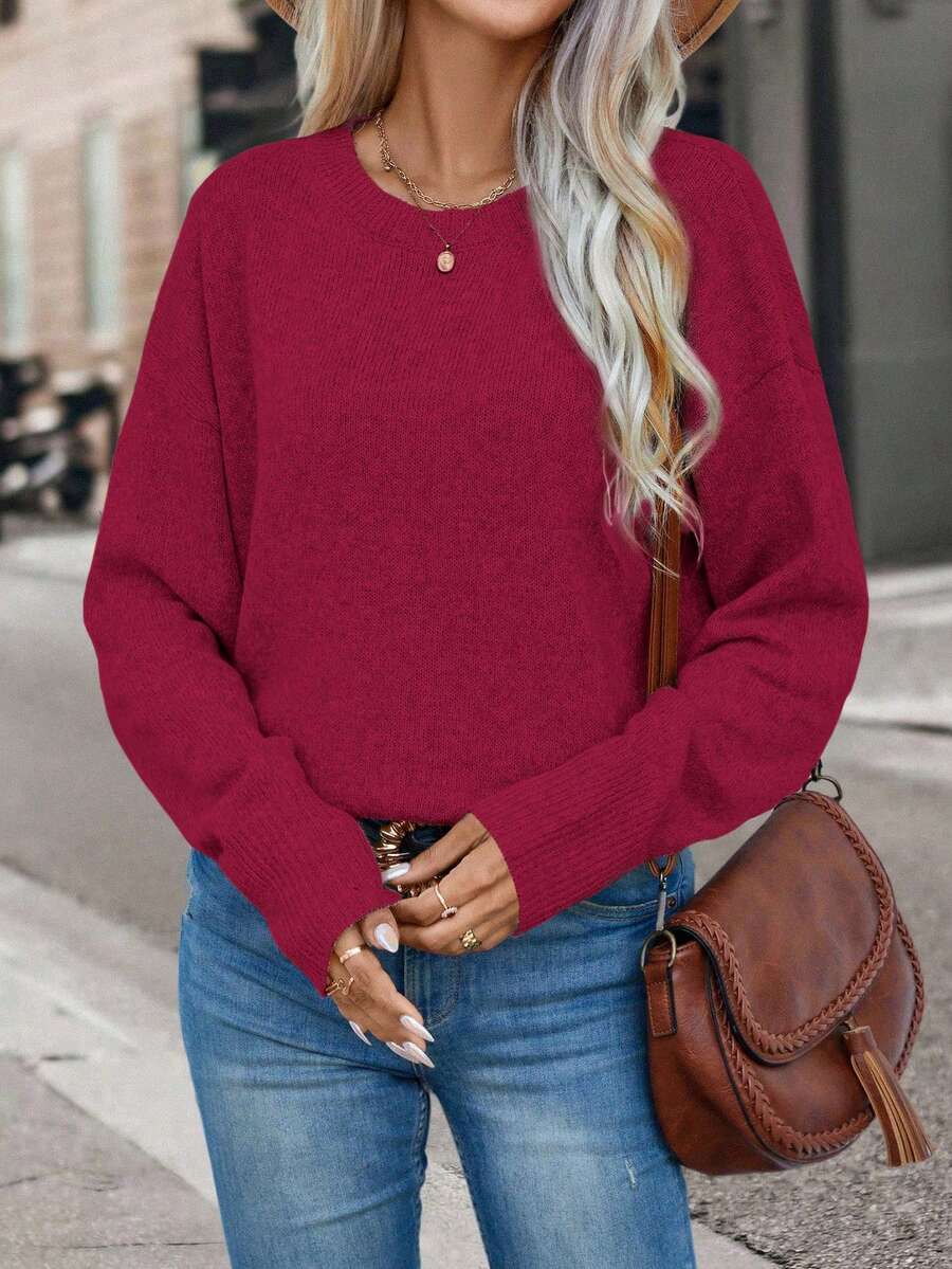 SHEIN Suéter oversize de hombros caídos color liso - Burdeos - Ver 1