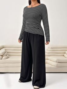 Solflare Plus Size Striped Print Long Sleeve Slim Fit Tee & Wide Leg Pants Set - Multicolor - View 4