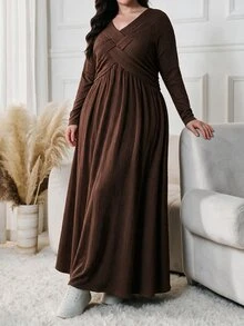 Lacomfia Plus Size V Neck Wrap Long Sleeve Dress, Textured Knit Brown A-Line Fall Dress, Casual Modest Dress For Daily Wear, Autumn Gathering - Brown - View 8