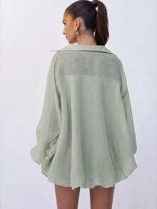 Hauture Sheer Striped Balloon Sleeve Crop Shirt - Dark Green - View 2