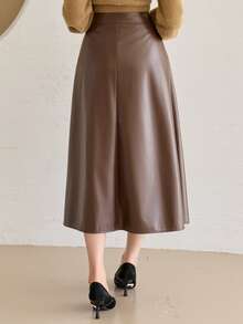 DAZY Rok Midi Lipit Elegan Wanita Bahan PU Gaya Jalanan Musim Gugur - Rust Brown - View 2