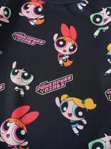 THE POWERPUFF GIRLS X SHEIN Tween Girl Crew Neck Long Sleeve Casual Sweatshirt - Black - View 4