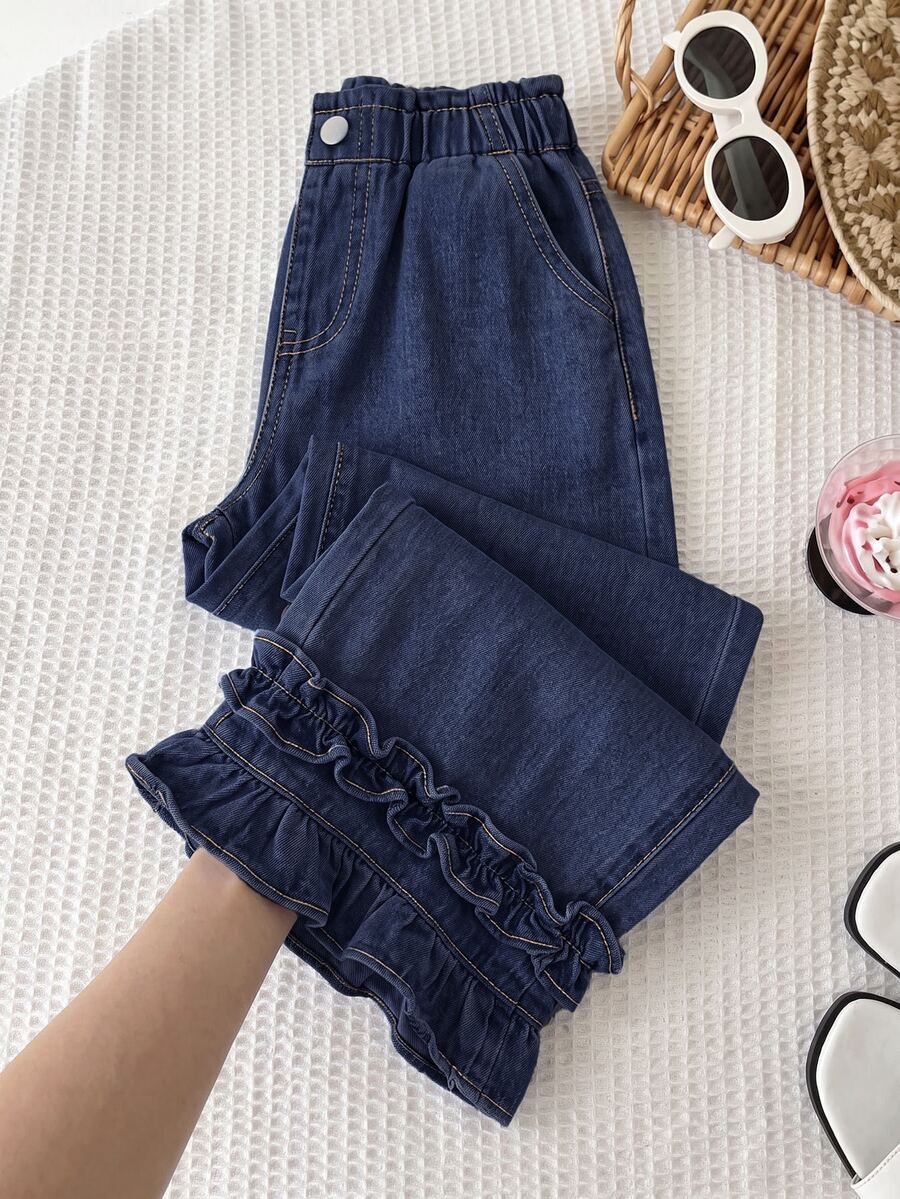 SHEIN Jeans de pierna ancha con volantes para niñas - Azul lavado oscuro - Ver 1